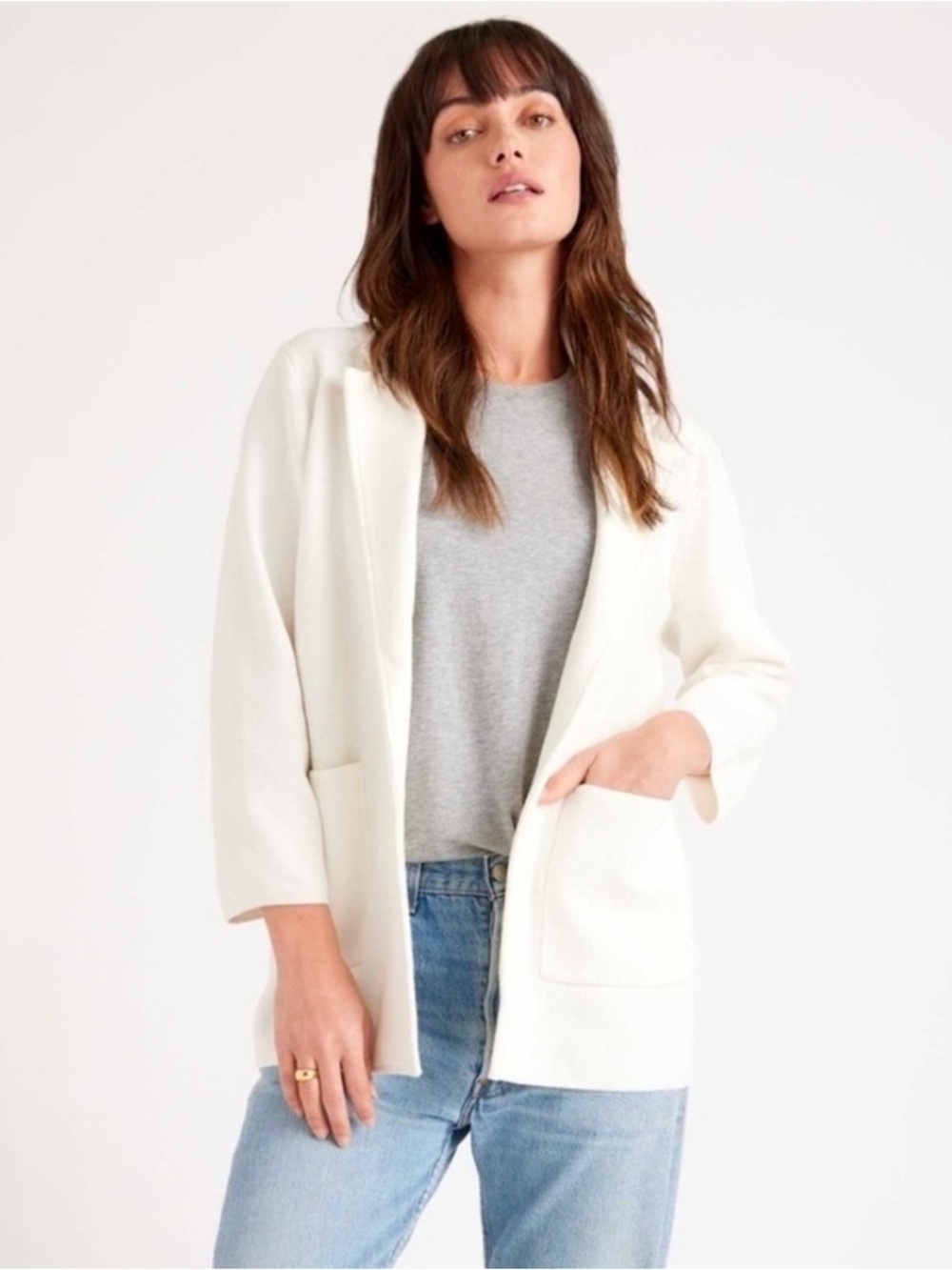 Quince 100% Organic Cotton Knit Blazer in White Size L